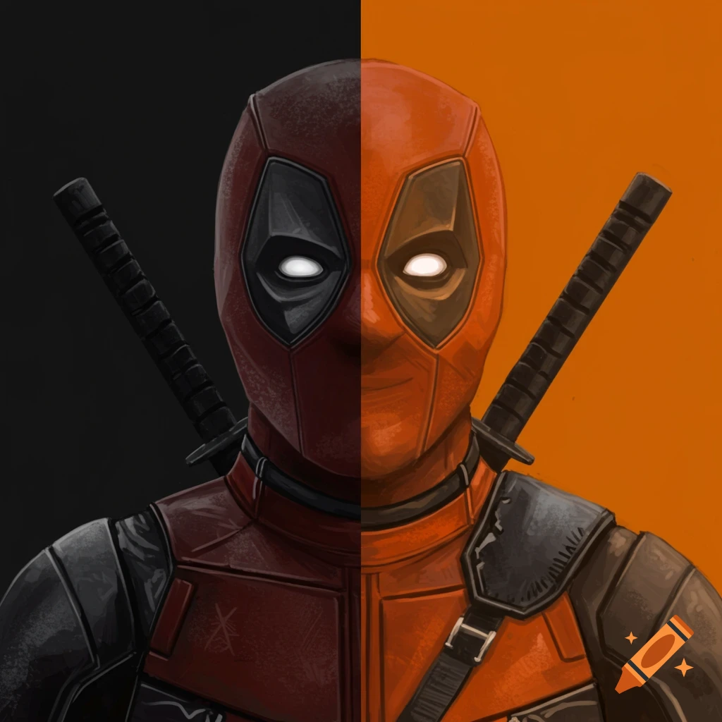 Split portrait of Deadpool, half black and half orange, digital illustration