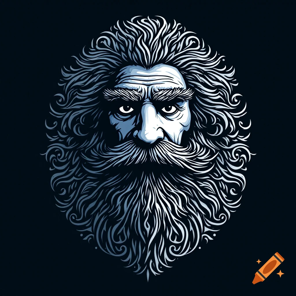Stylized white illustration of a man's face with long beard and hair on a dark background.