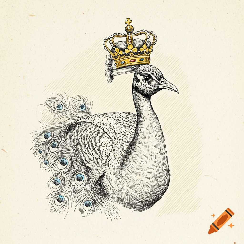 Vintage sketch of a peacock wearing a golden crown.