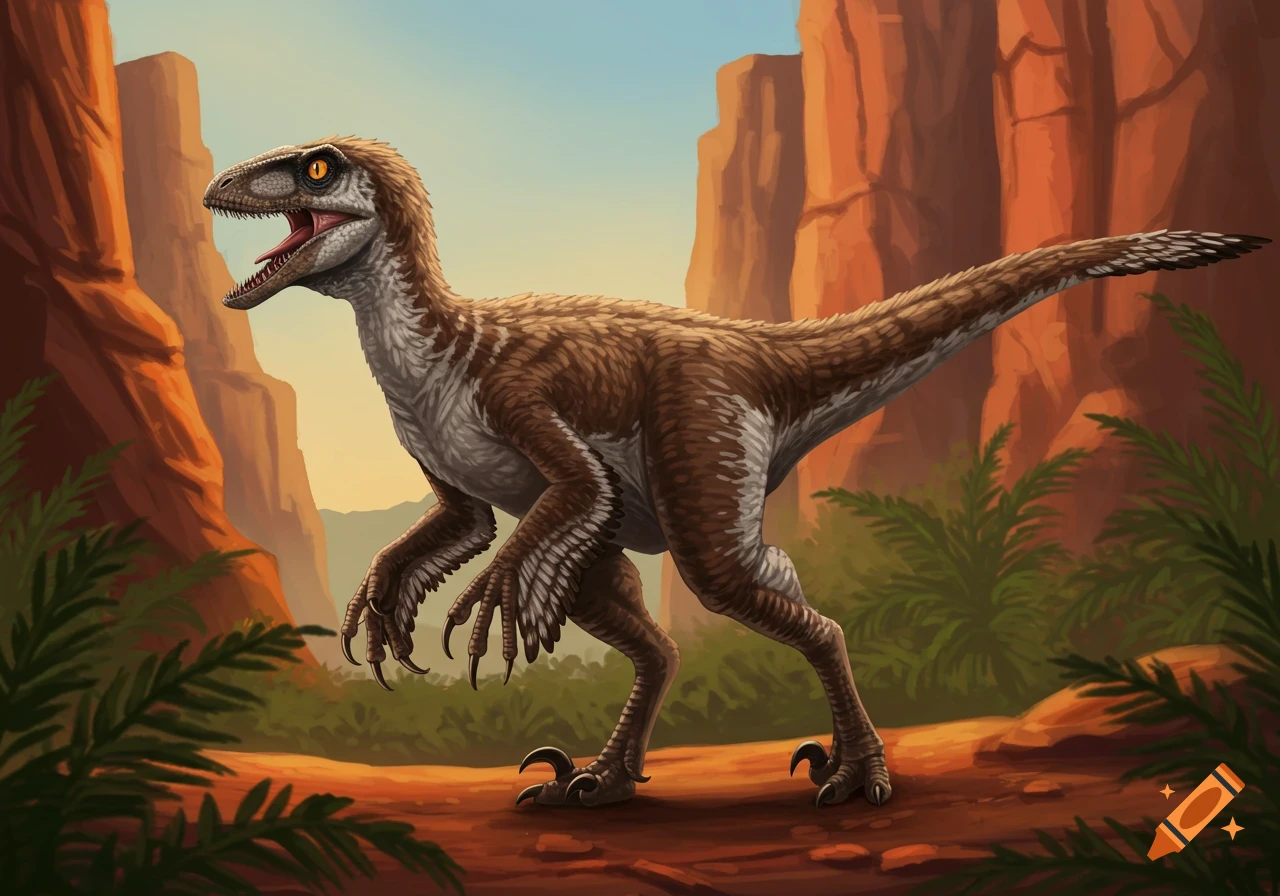 A Utahraptor dinosaur standing in a rocky prehistoric landscape.