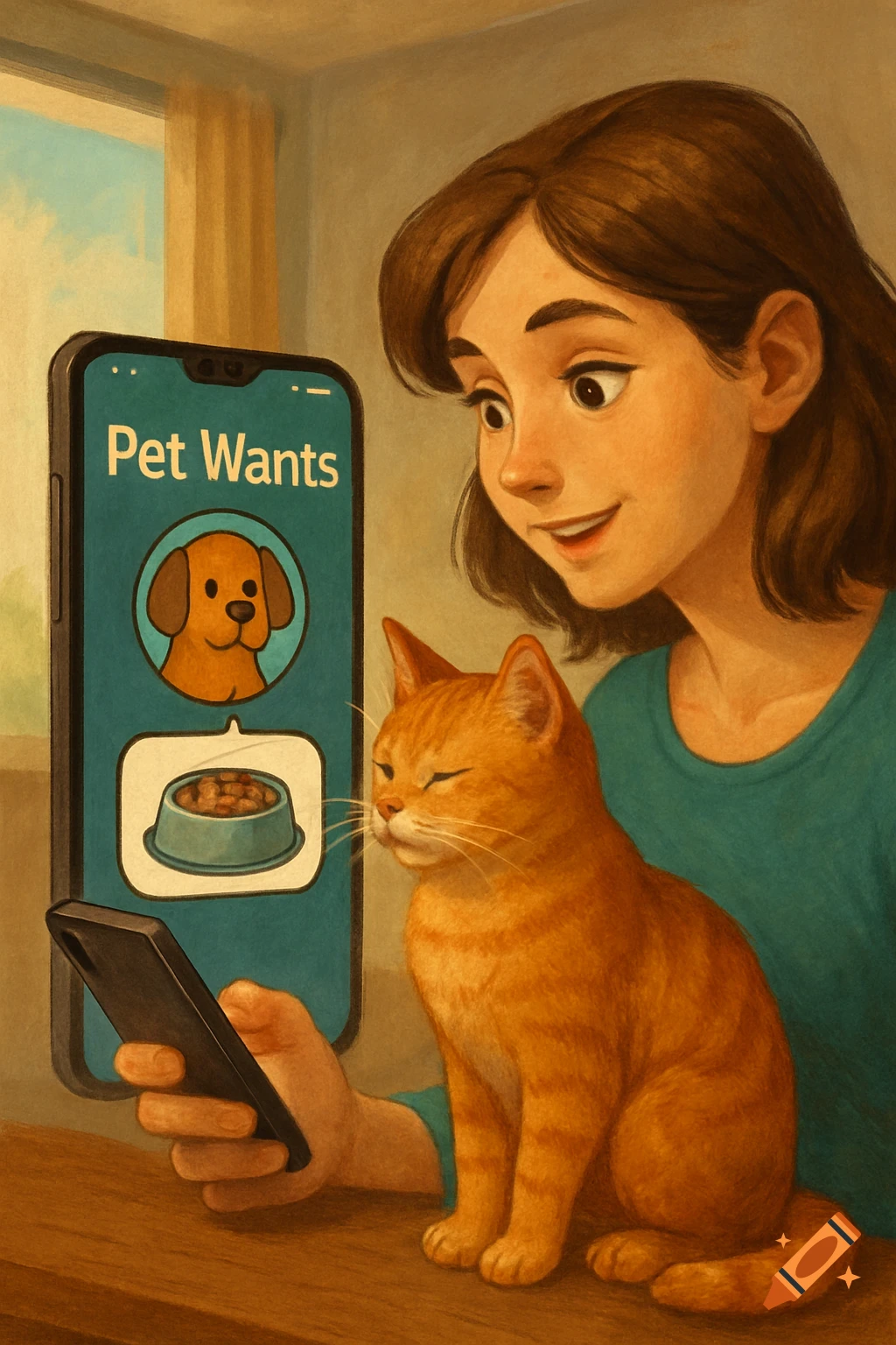 Illustrated scene of a woman and cat looking at a phone app called 'Pet Wants' showing a dog and food bowl.