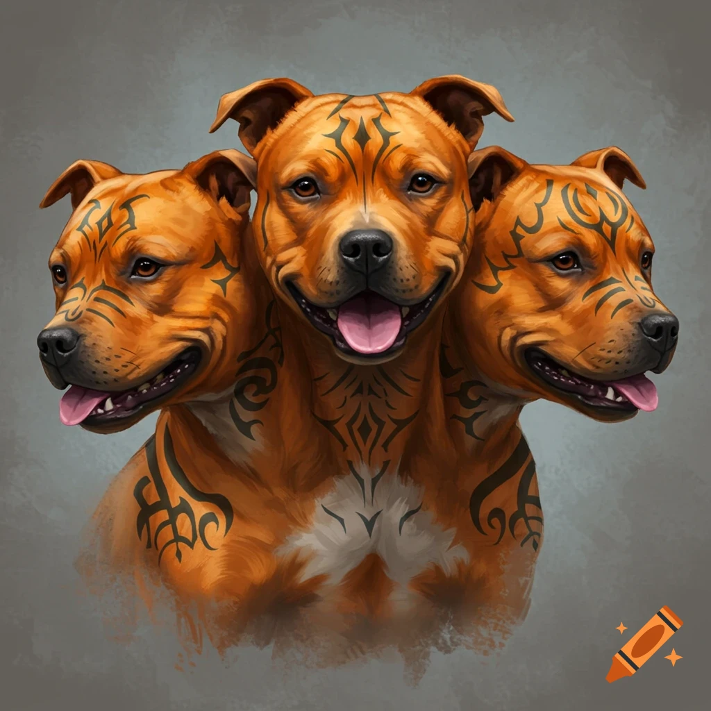 Painting of a three-headed orange dog with black tribal tattoos.