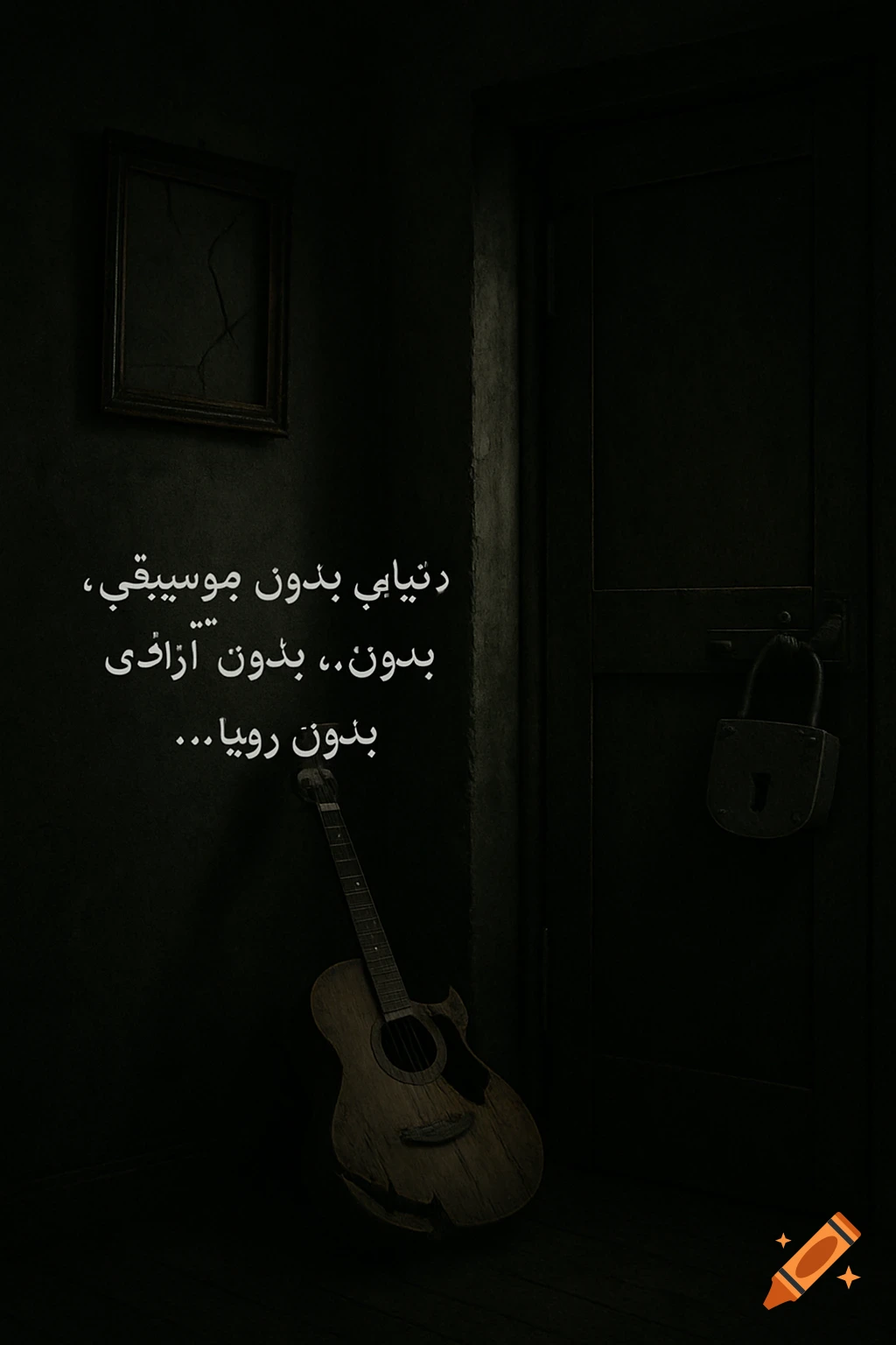 A dark room with a broken guitar, a locked door, and text on the wall.