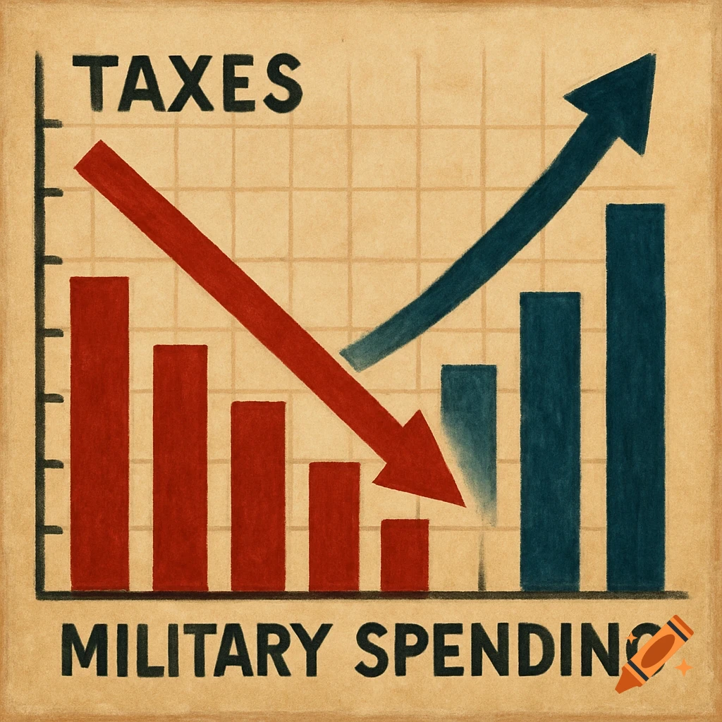 A painted chart showing taxes decreasing (red bars) and military spending increasing (blue bars).