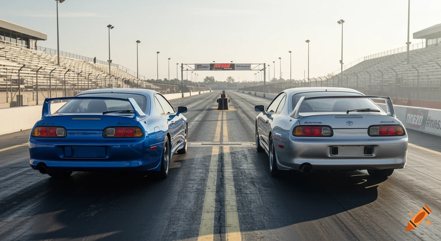 Two Toyota Supras on a drag strip starting line, rear view