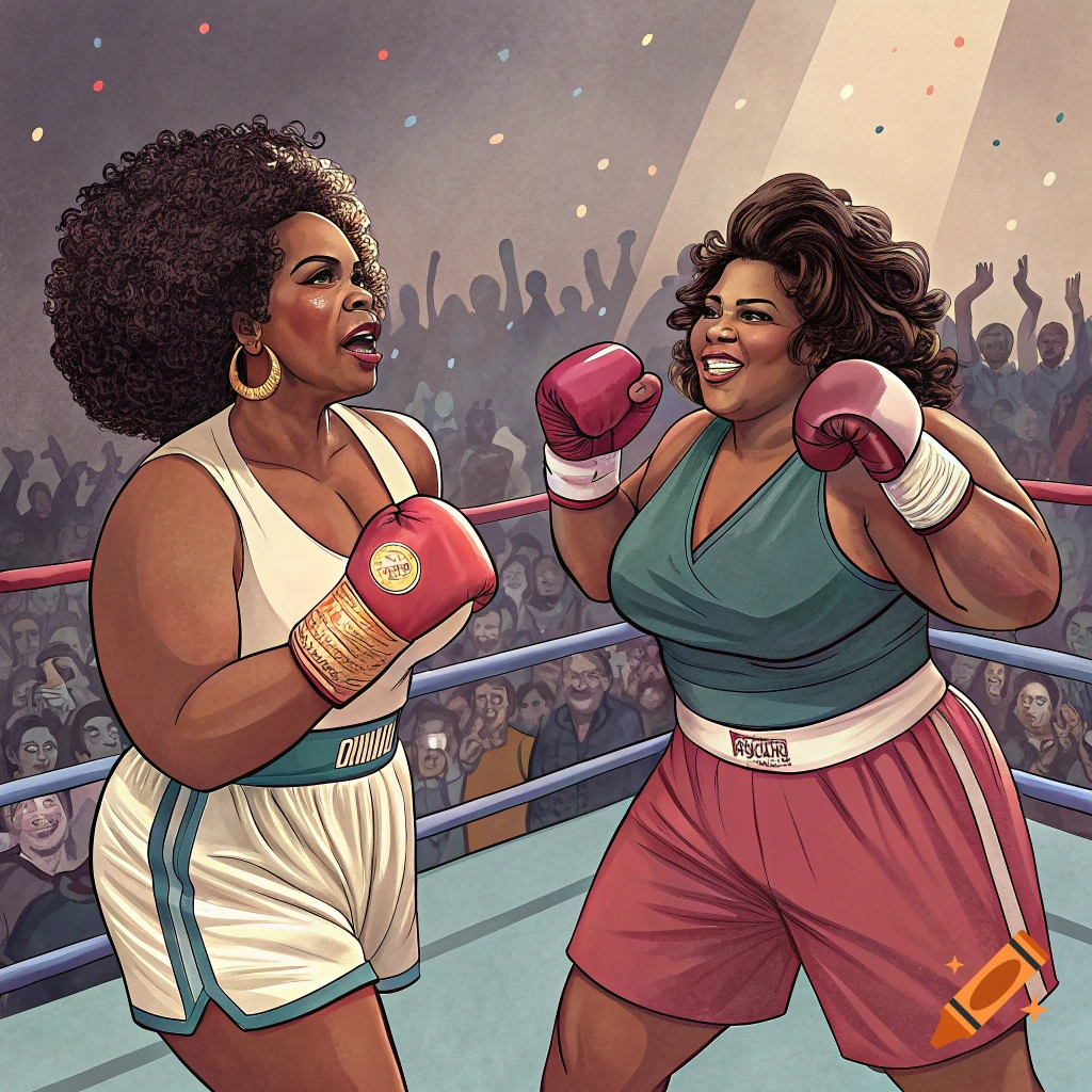 Illustration of Oprah and Lizzo boxing in a ring.