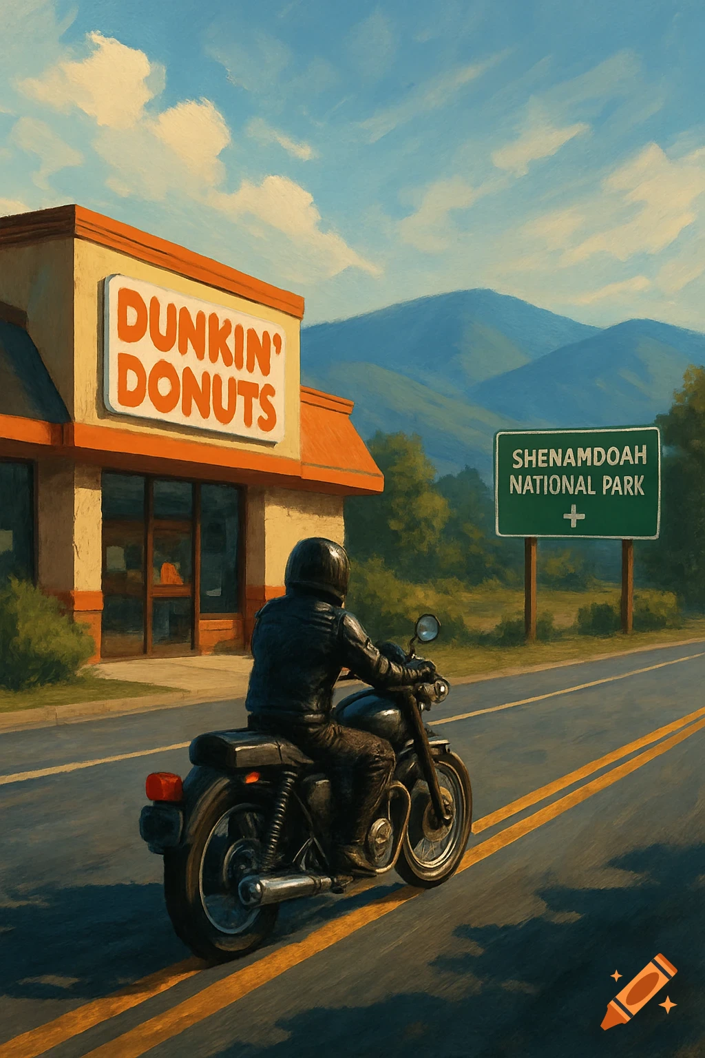 A person riding a motorcycle past a Dunkin' Donuts towards a national park sign.