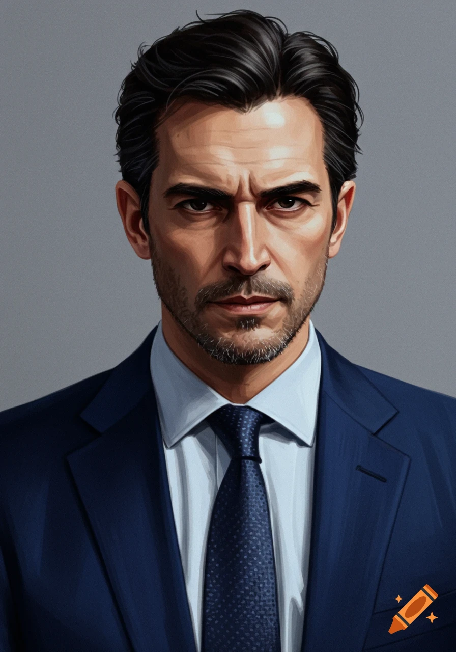 A digital painting of a stern-faced business man in a suit and tie.