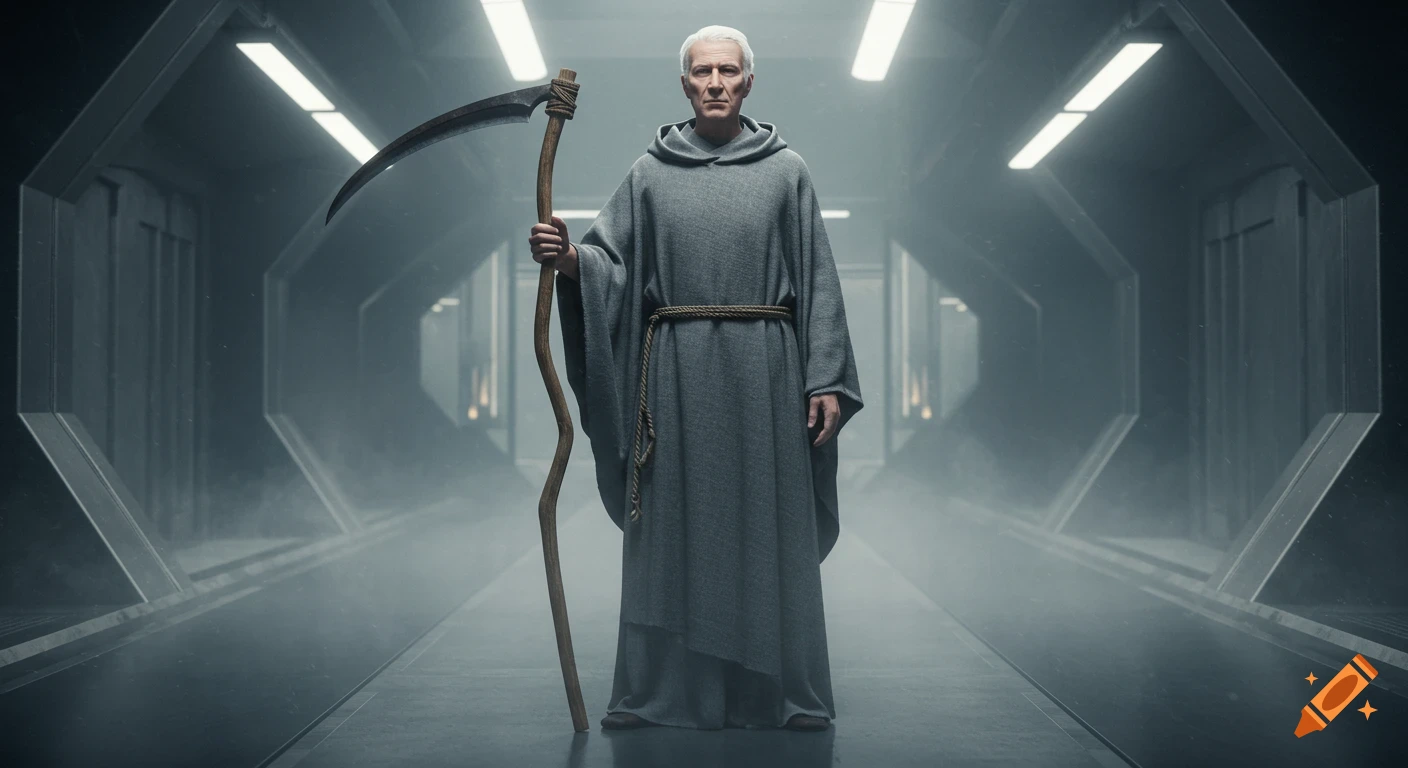 Older man in gray robe holds a scythe in a misty futuristic hall. Realistic style.