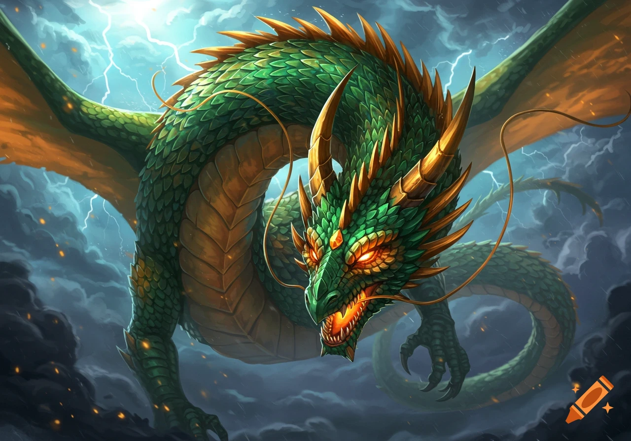 A detailed fantasy illustration of a green and gold dragon in a storm with lightning.