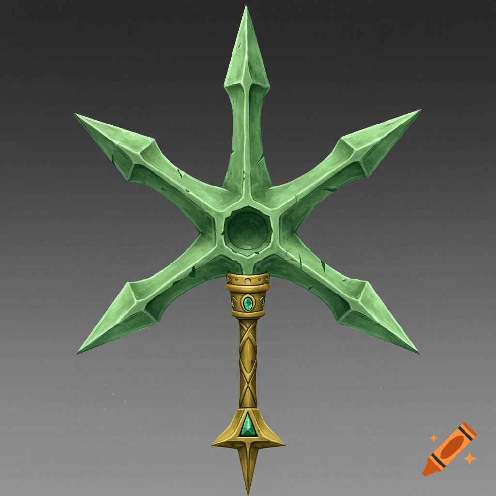 A stylized green jade and gold five-pronged star-shaped fantasy weapon