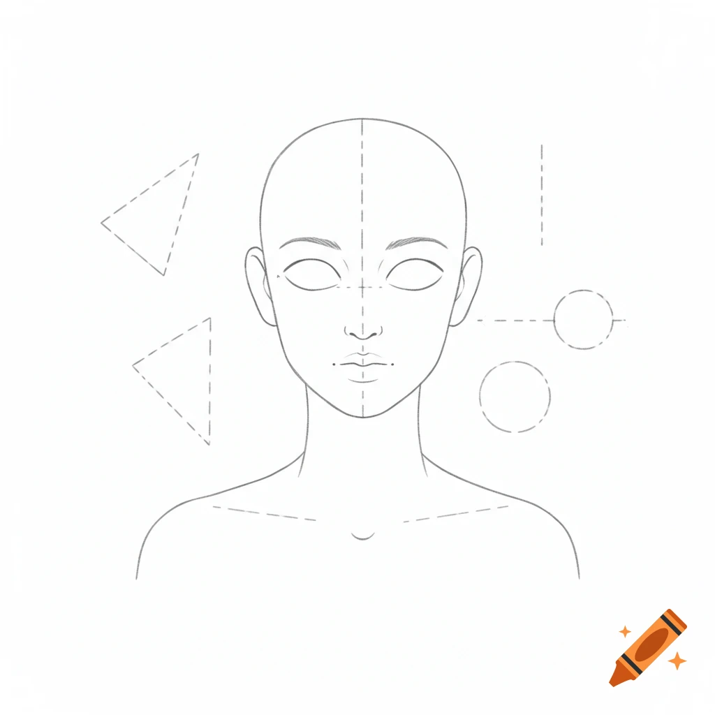 Line drawing of a bald head with facial features sketched and geometric shapes around it, a template for tracing.