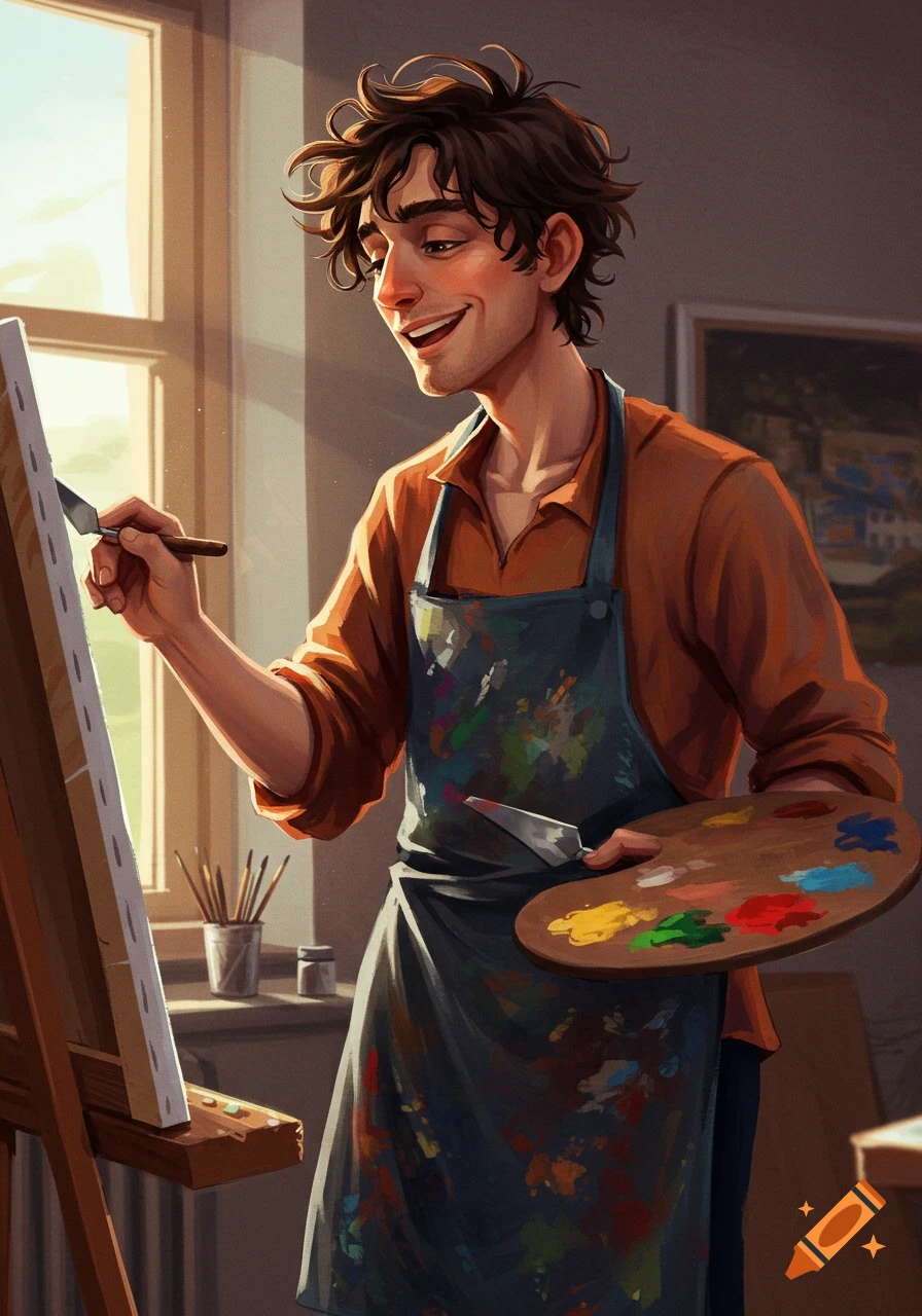 An artist smiles while painting at an easel, holding a palette.