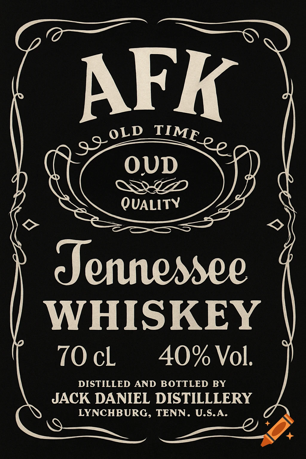 A black and white label for AFK Tennessee Whiskey, mimicking the style of a Jack Daniel's label.