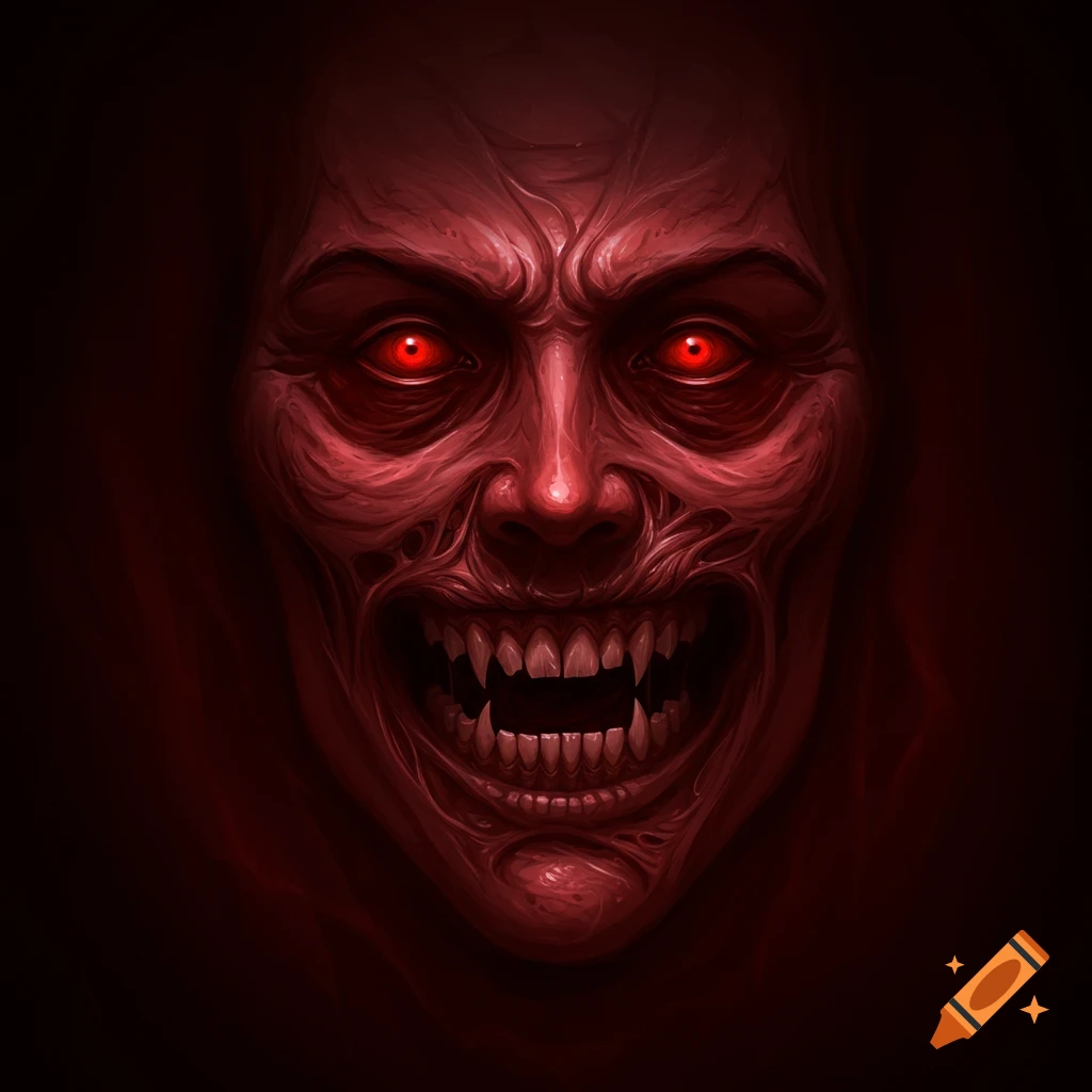 A terrifying red monster face with glowing red eyes and sharp fangs.