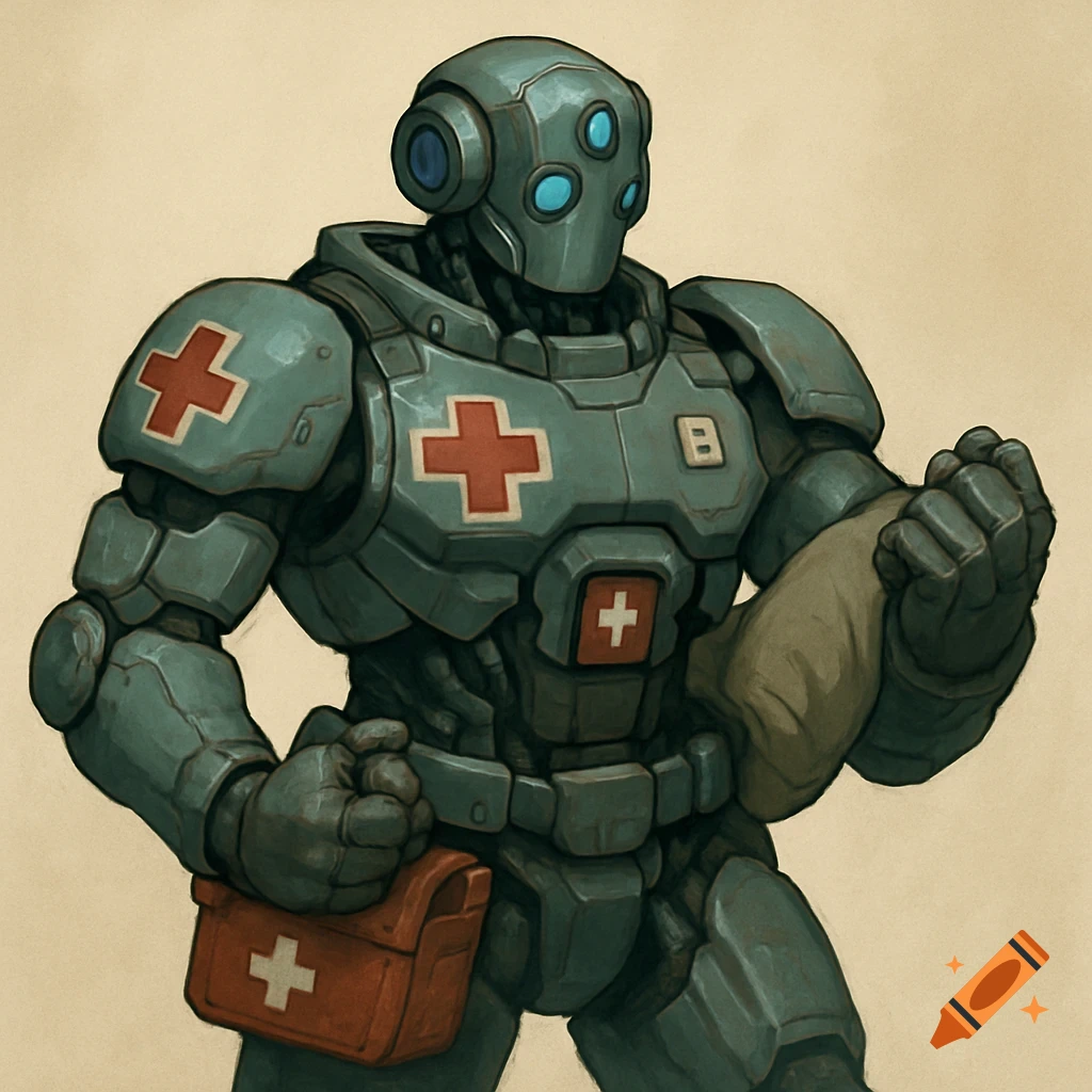 A robot medic in blue and grey armor with red crosses, holding a bag and a medical kit.