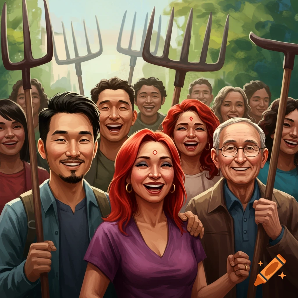 A joyful multitude of diverse individuals wielding pitchforks