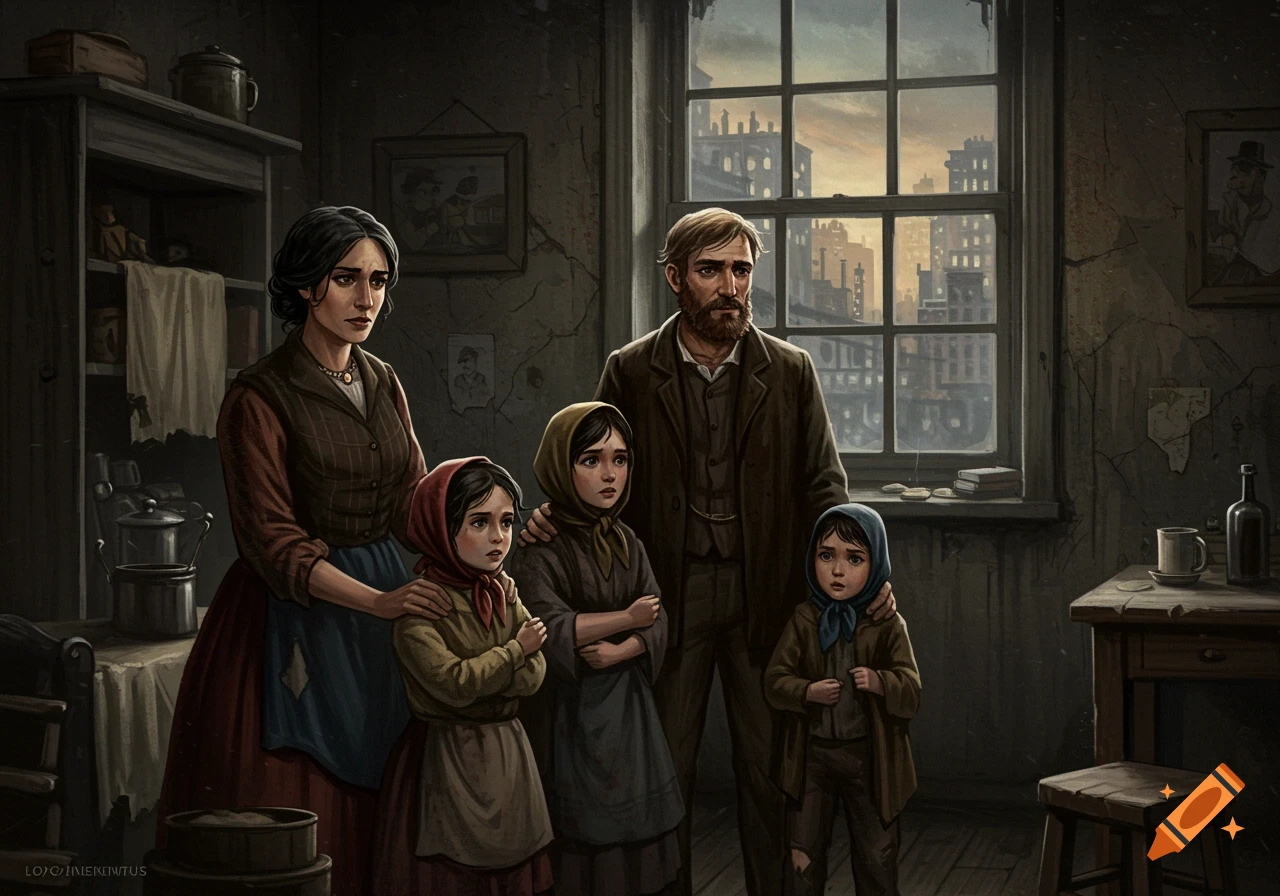 Drawing of an immigrant family looking concerned in a dimly lit room with a city view from a window.