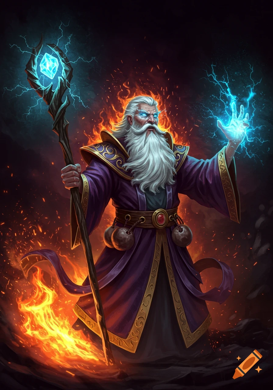 A powerful wizard surrounded by fire and lightning, holding a staff.