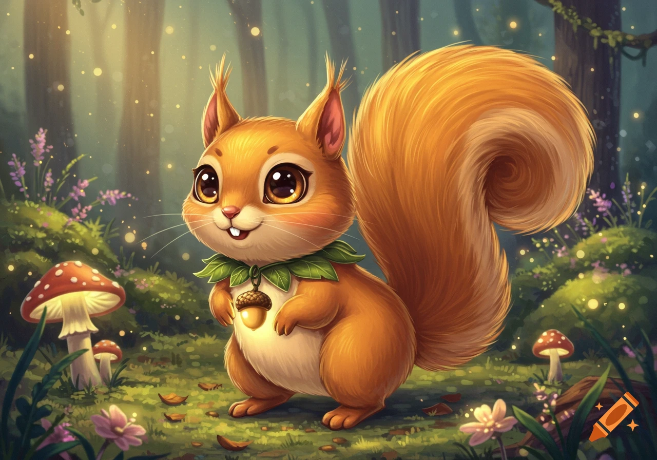 Cute animated squirrel with golden fur, big eyes, and leaf collar in a magical forest with glowing mushrooms and flowers, illustration.