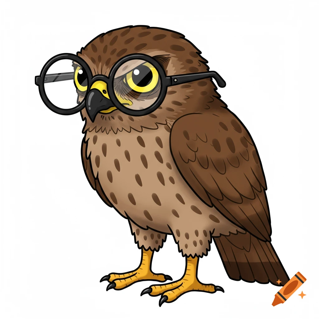A cartoon hawk wearing round glasses.