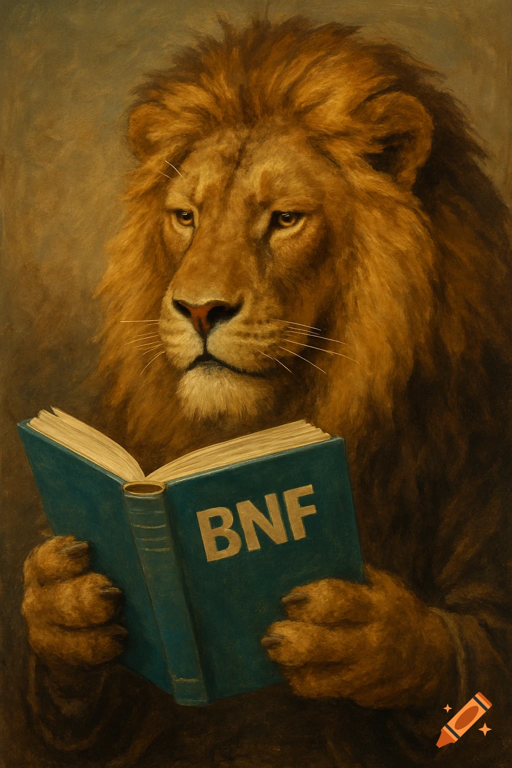Illustration of a lion reading a blue book labeled BNF.