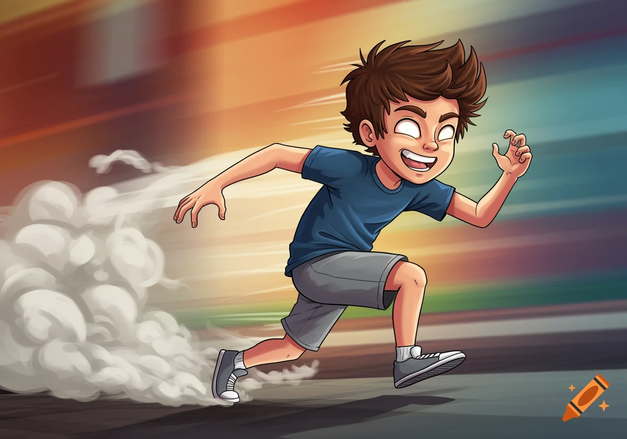 A dynamic cartoon illustration of a boy with spiky hair running at high speed, leaving a trail of smoke.