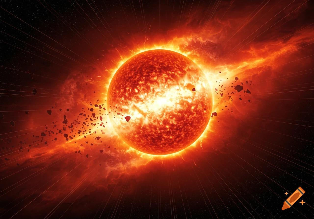 A star exploding with fiery flares and debris.
