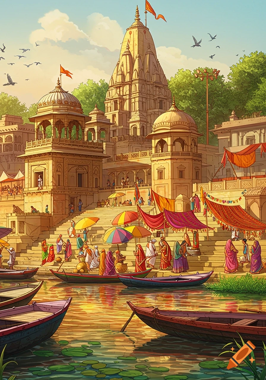 Stylized illustration of a busy riverbank in India with temples, steps, boats, and people under colorful umbrellas.