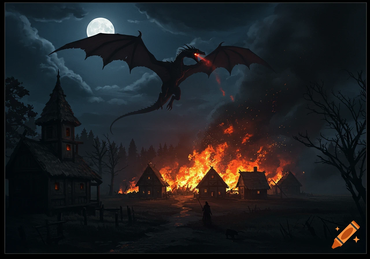 A dragon silhouette flying over a burning village at night under a full moon.