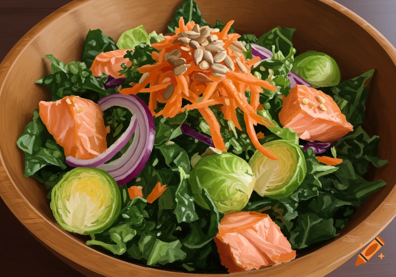 A kale salad with salmon, brussel sprouts, carrots, and seeds in a wooden bowl.