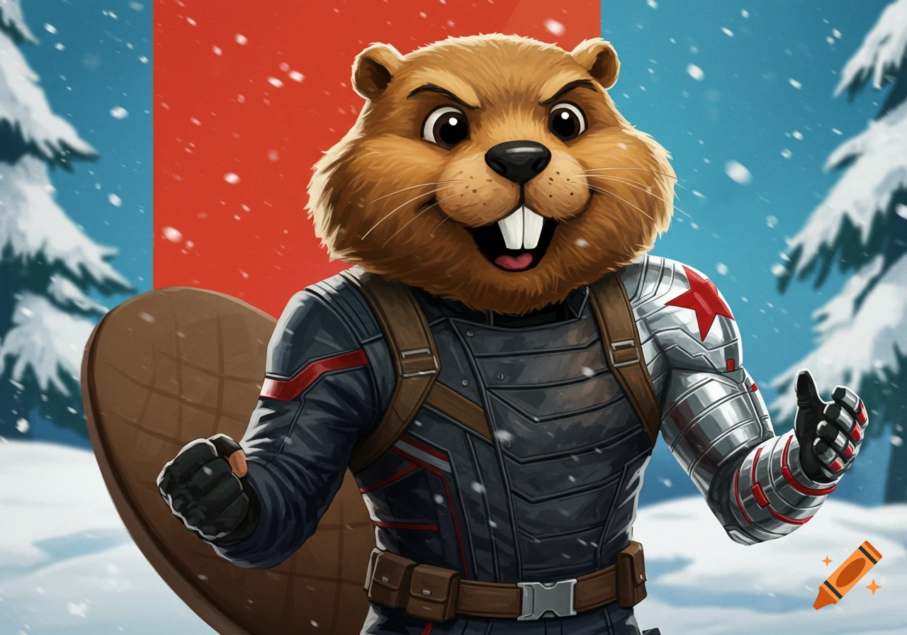 A cartoon beaver mascot dressed as the Winter Soldier stands in a snowy forest.