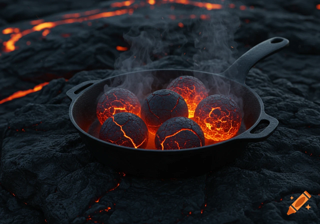 Molten lava rock balls smoking in an iron skillet on a rocky lava surface, cinematic photo.