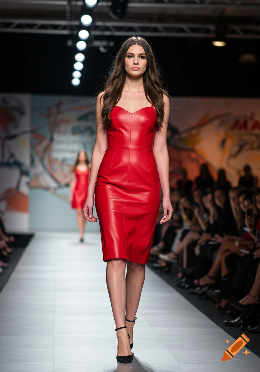 A fashion model in a red dress walks a runway