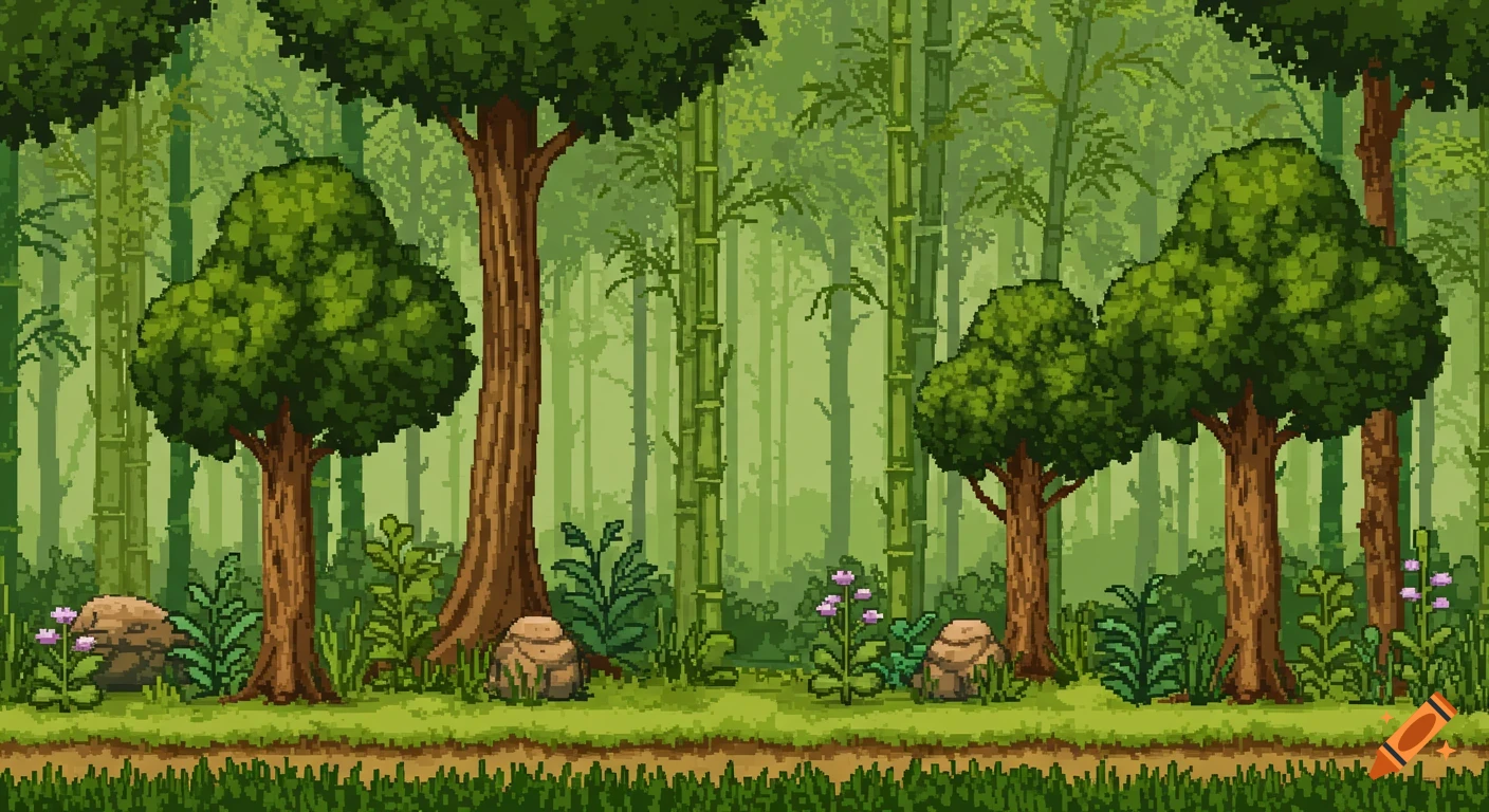 Pixel art forest landscape with trees, bamboo, rocks, and plants.