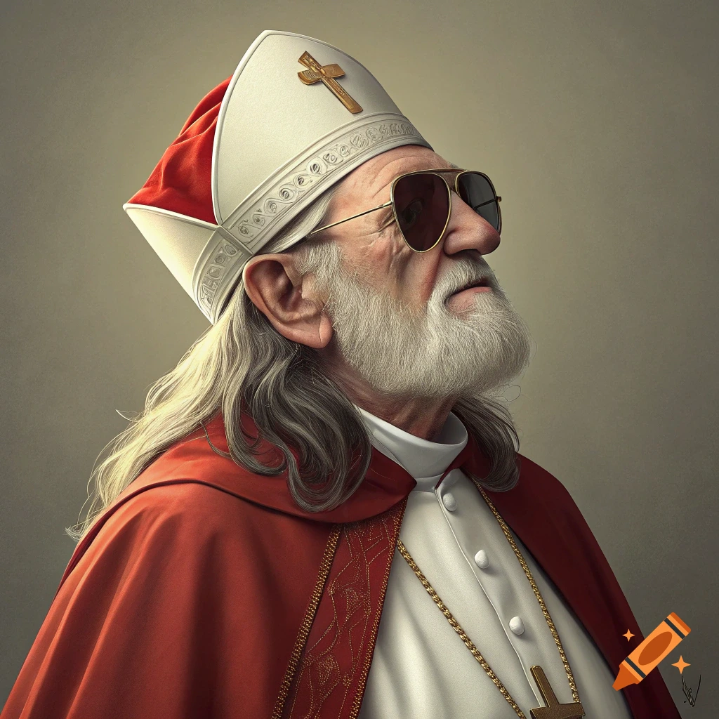 Portrait of Willie Nelson depicted as a pope, wearing sunglasses, mitre, and cope.