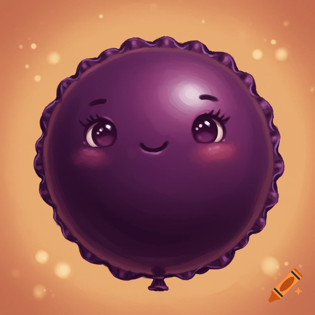 A cute cartoon purple balloon with a ruffled edge and a smiling face.