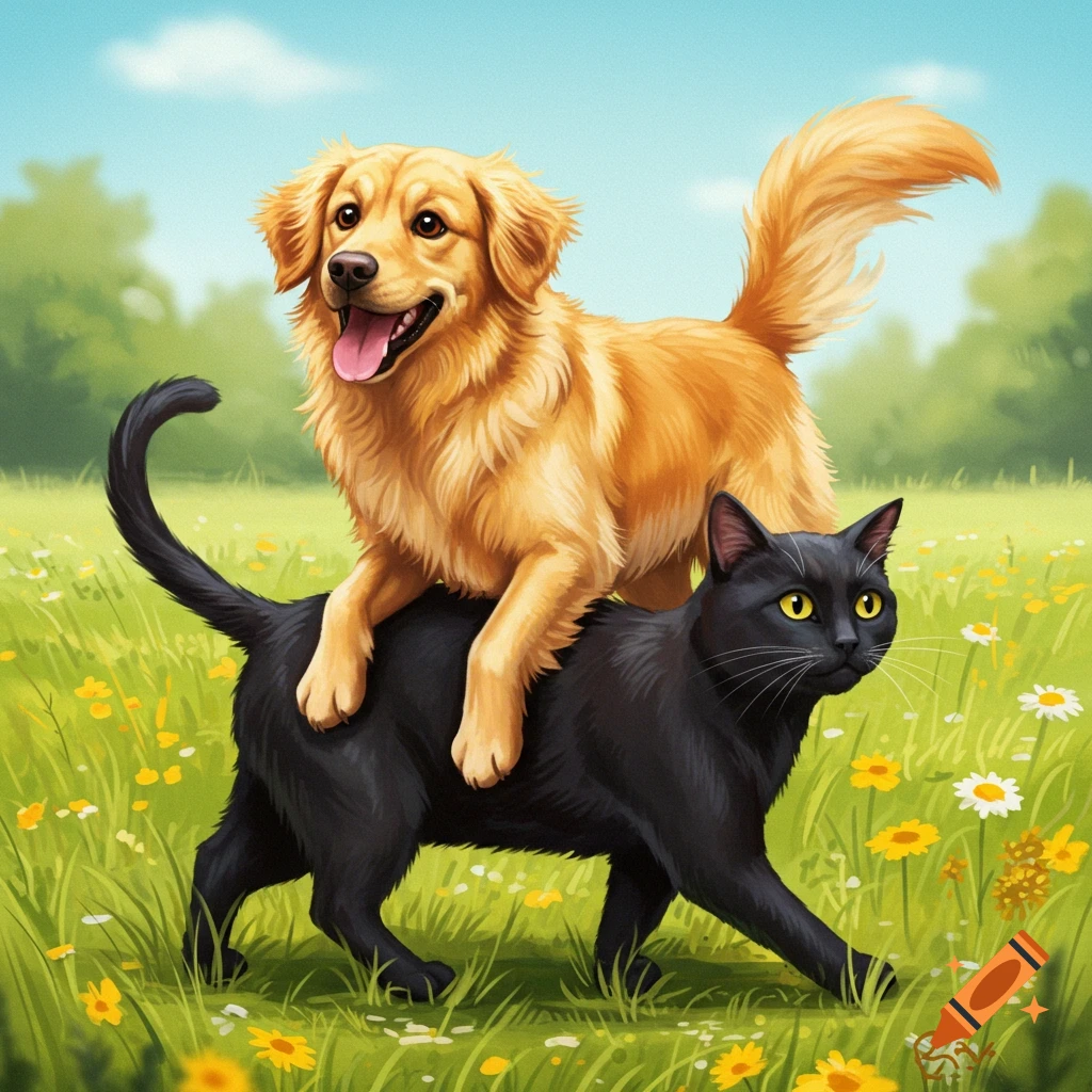 A Golden Retriever dog riding on a black cat's back in a flower field.