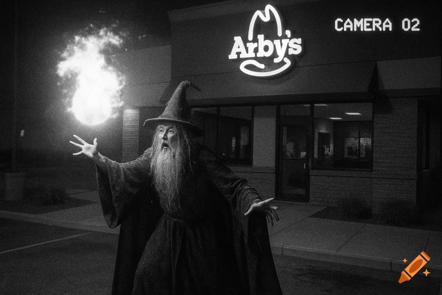 Wizard casting a spell with a fireball in front of an Arby's restaurant at night, black and white security footage style.
