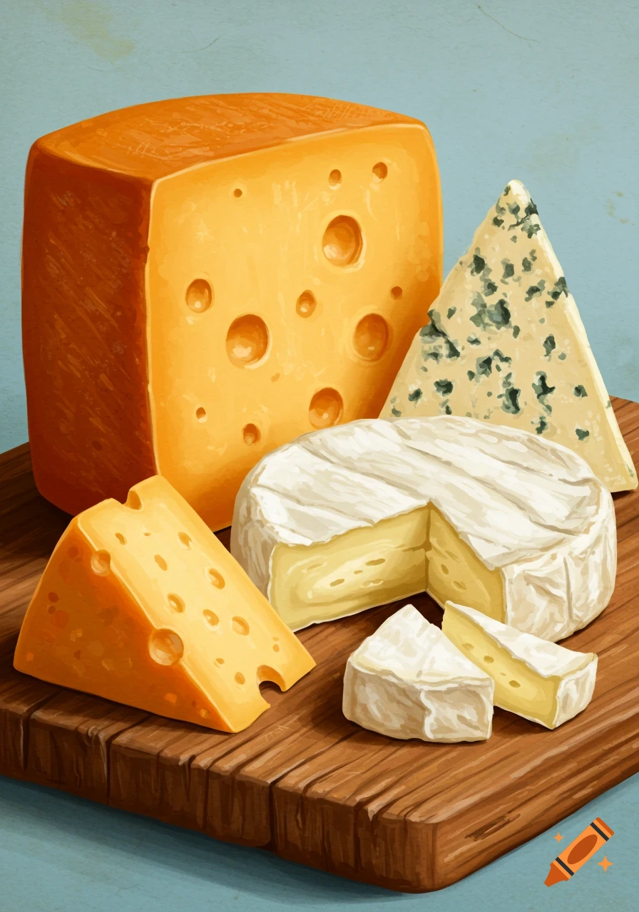 A digital painting of different cheeses on a wooden board.