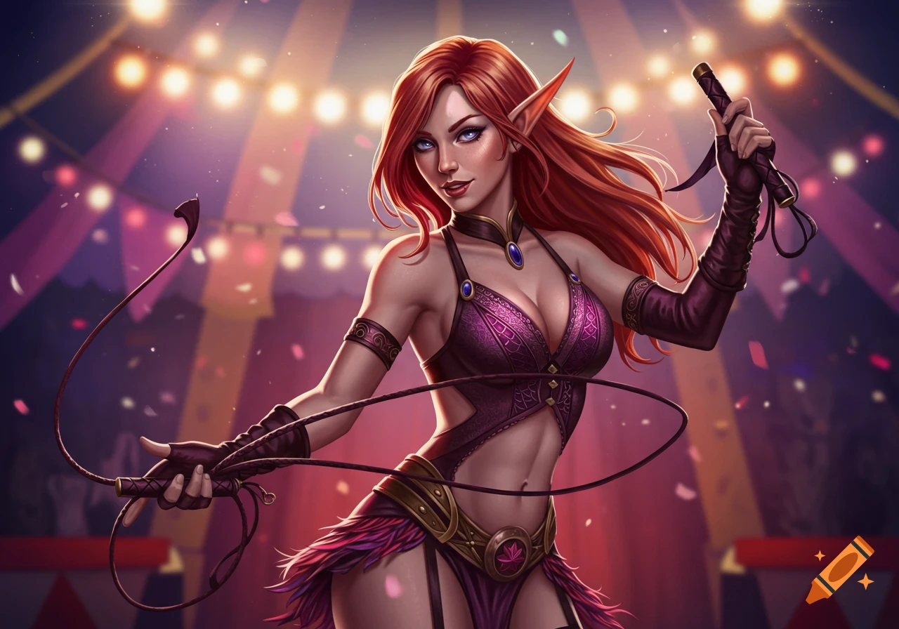 A red-haired half-elf woman holding a whip in a circus.