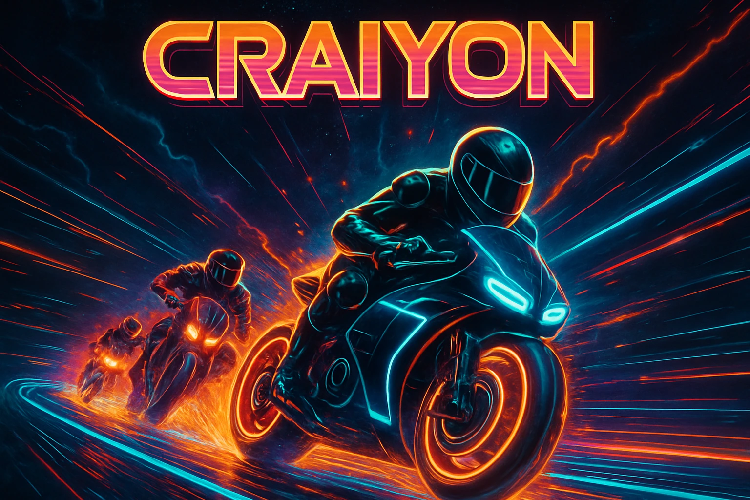 High-energy cyberpunk moto race poster with neon lights and the text CRAIYON at the top.