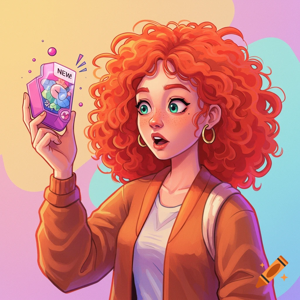Stylized illustration of a surprised woman with red curly hair holding a device labeled NEW!