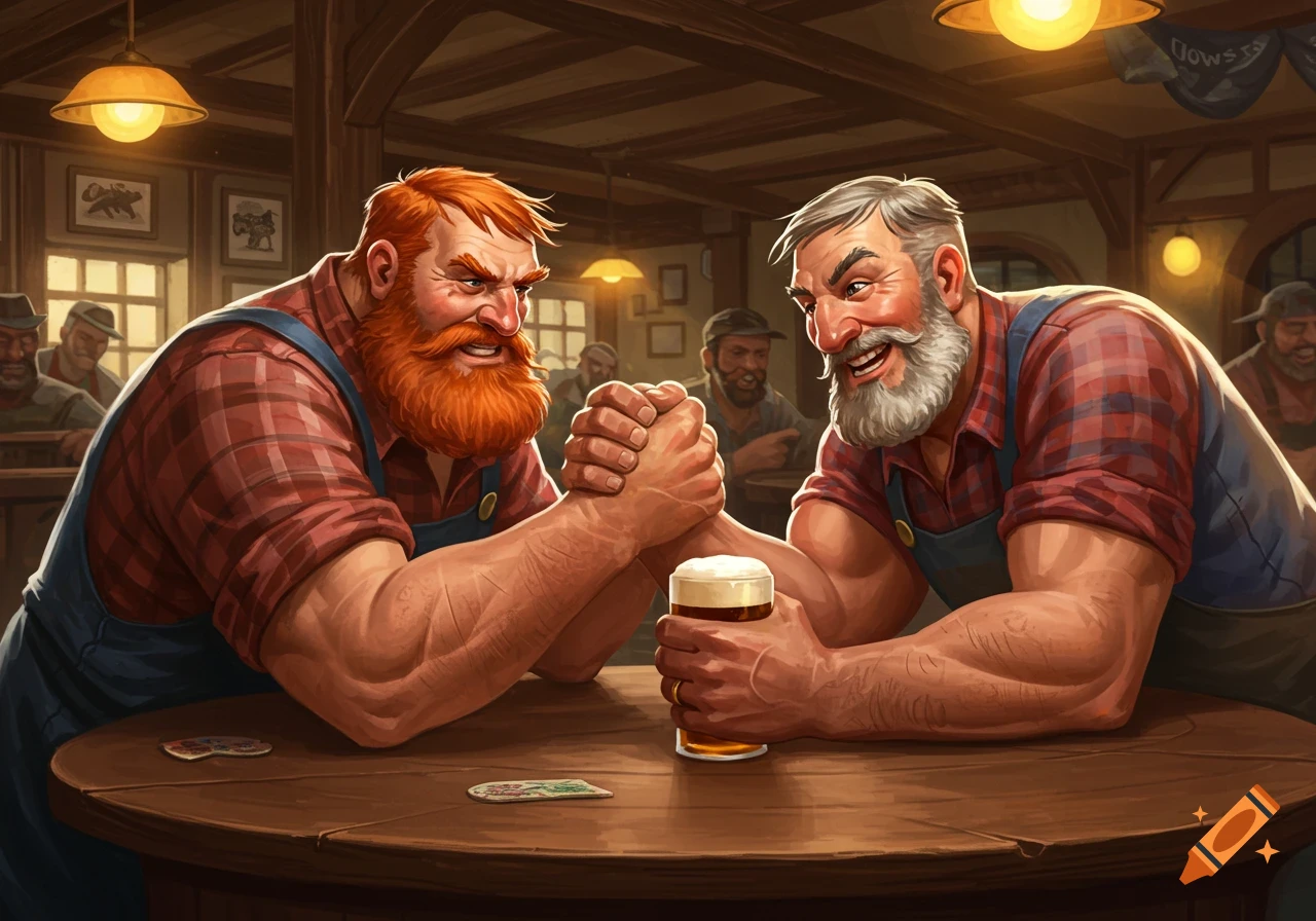 Two burly farmers arm wrestle at a table in a pub, with a glass of beer nearby.