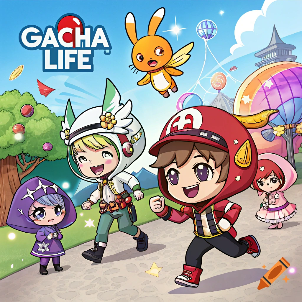 Chibi anime characters running in a whimsical park, with GACHA LIFE logo.