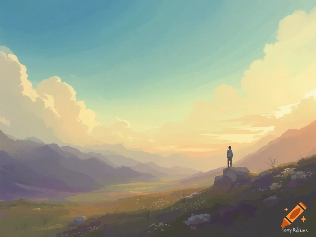 Illustration of a person standing on a rock overlooking a mountain valley at sunset.