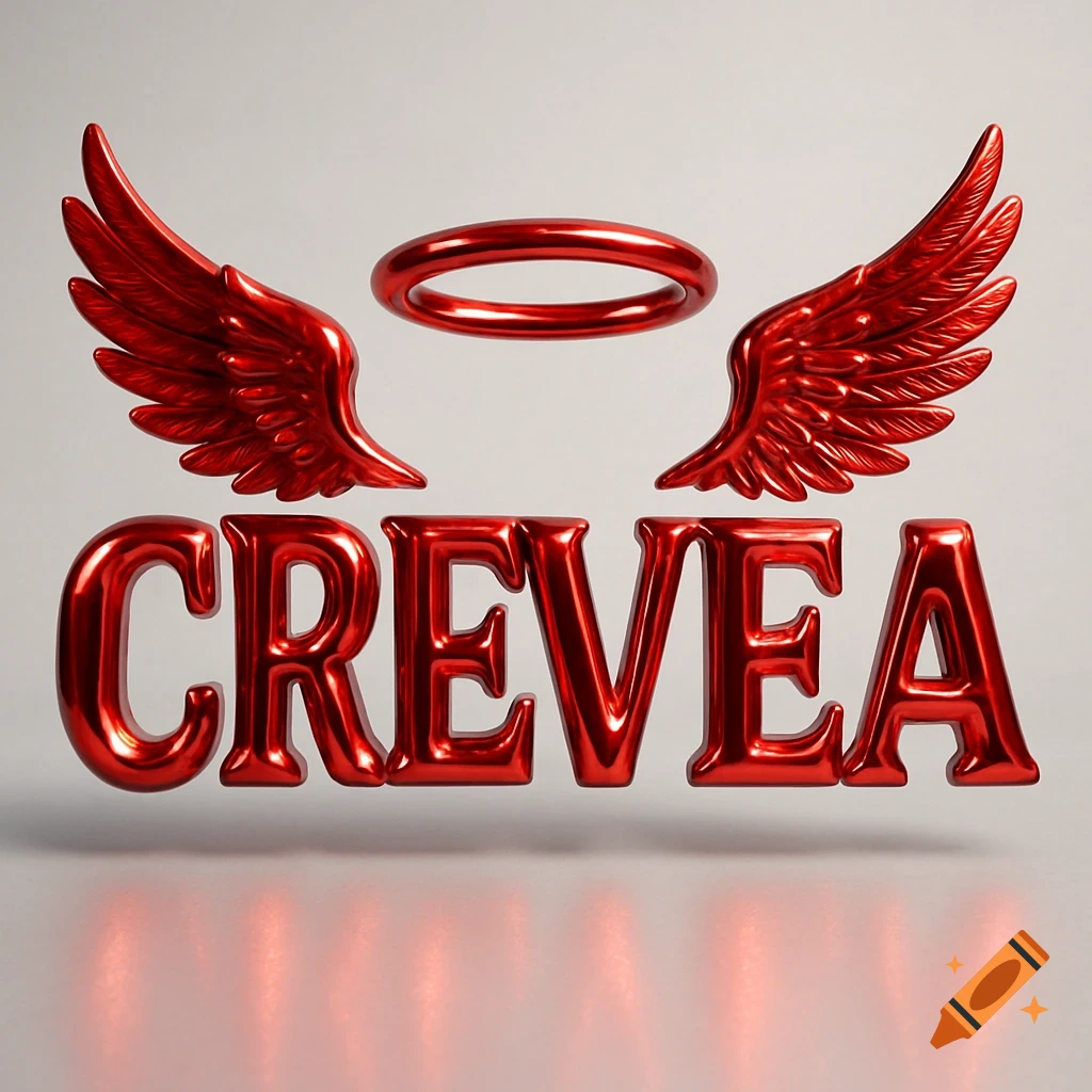 Shiny red 3D letters spelling CREVEA with wings and a halo.