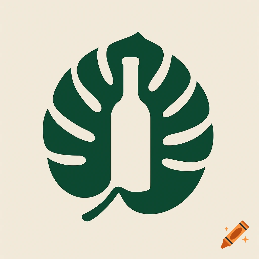 Minimalist logo of a wine bottle inside a monstera leaf silhouette.