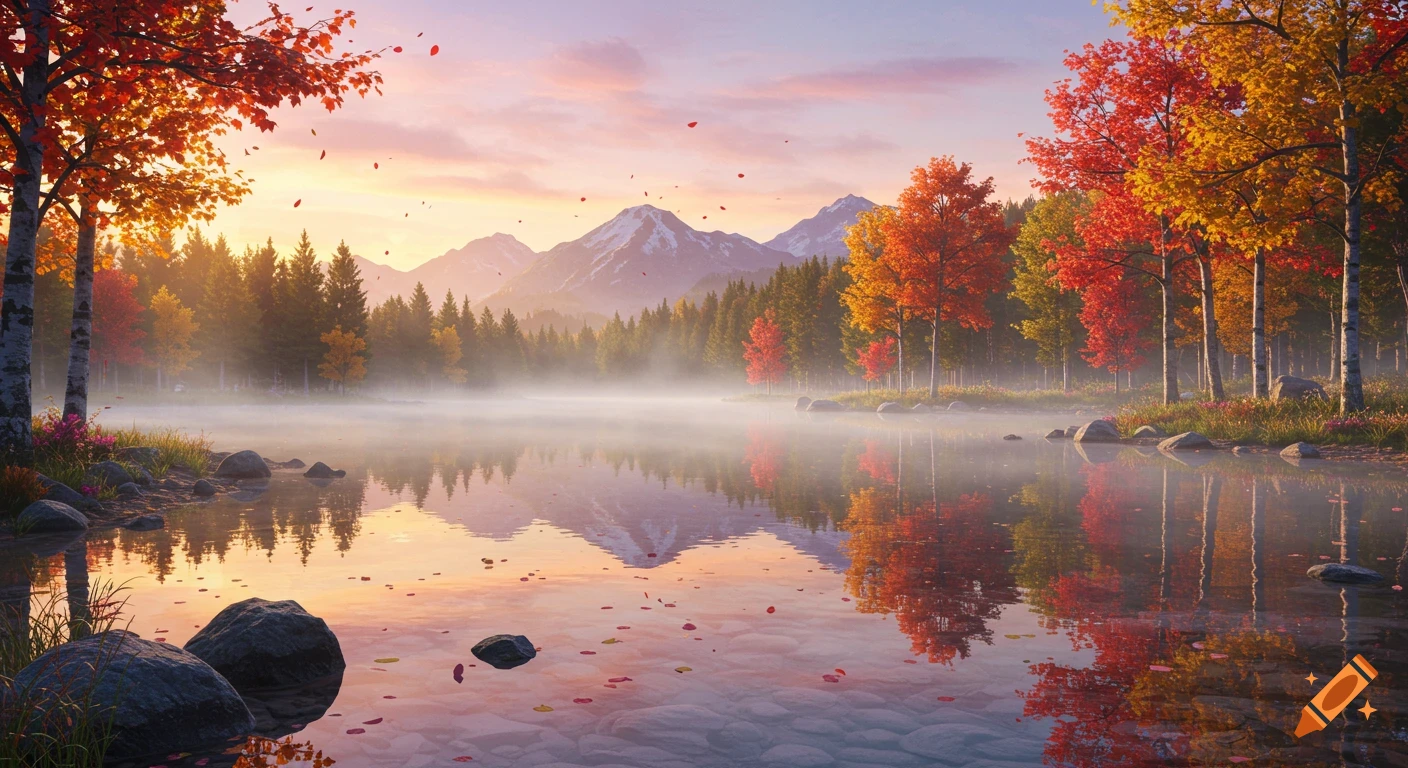 Alpine lake reflecting autumn foliage
