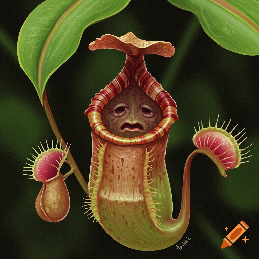 A pitcher plant with a sad human-like face and two Venus flytraps.